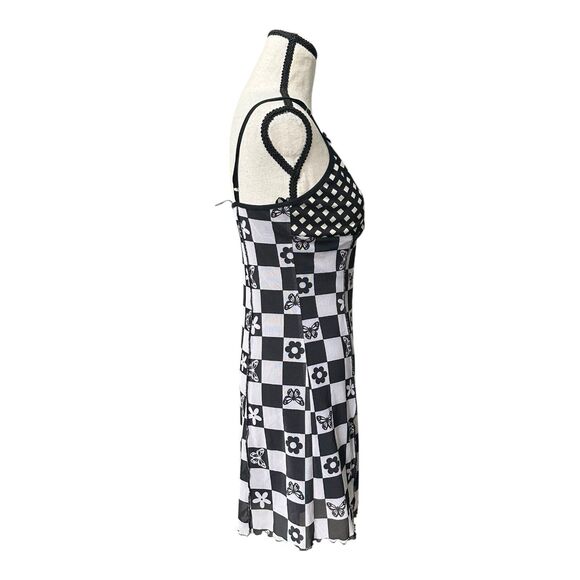 Forever 21 Black White Checkerboard Butterfly Floral Mini Slip Dress M - Picture 4 of 9